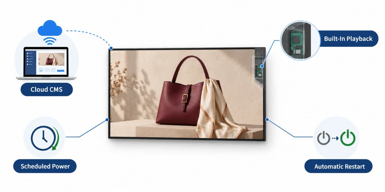 Wall-mounted commercial display with built-in playback, cloud CMS, scheduled power, and automatic restart