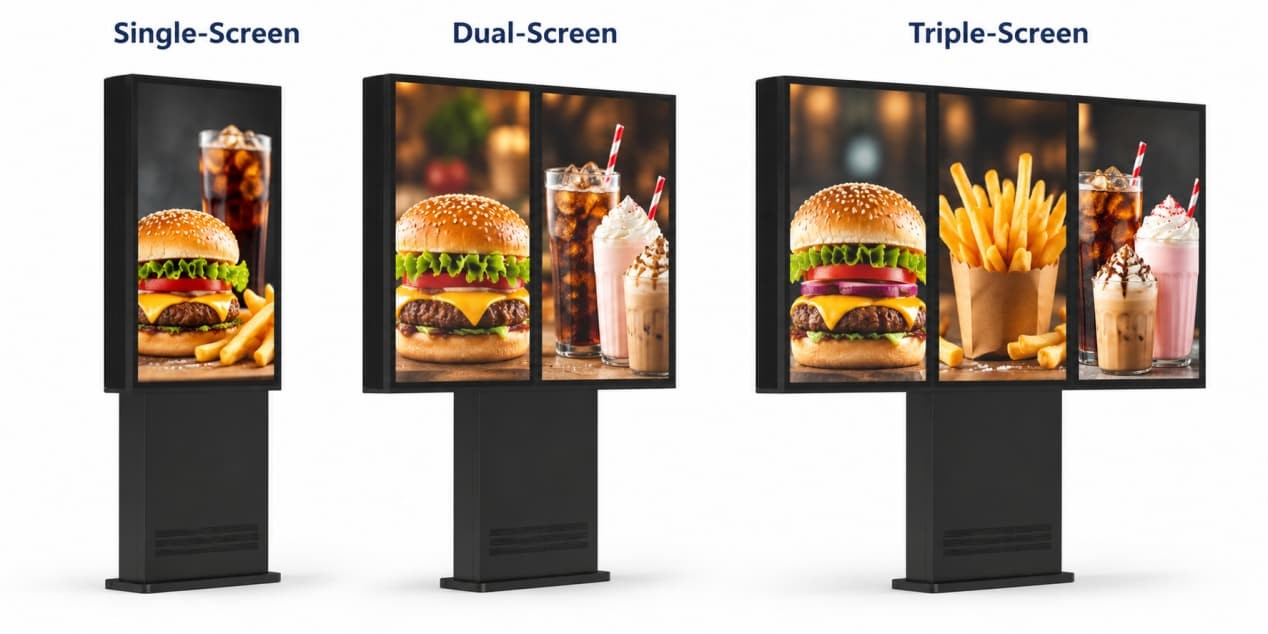 Single, dual, and triple outdoor menu board assemblies with equally sized portrait screens arranged side by side