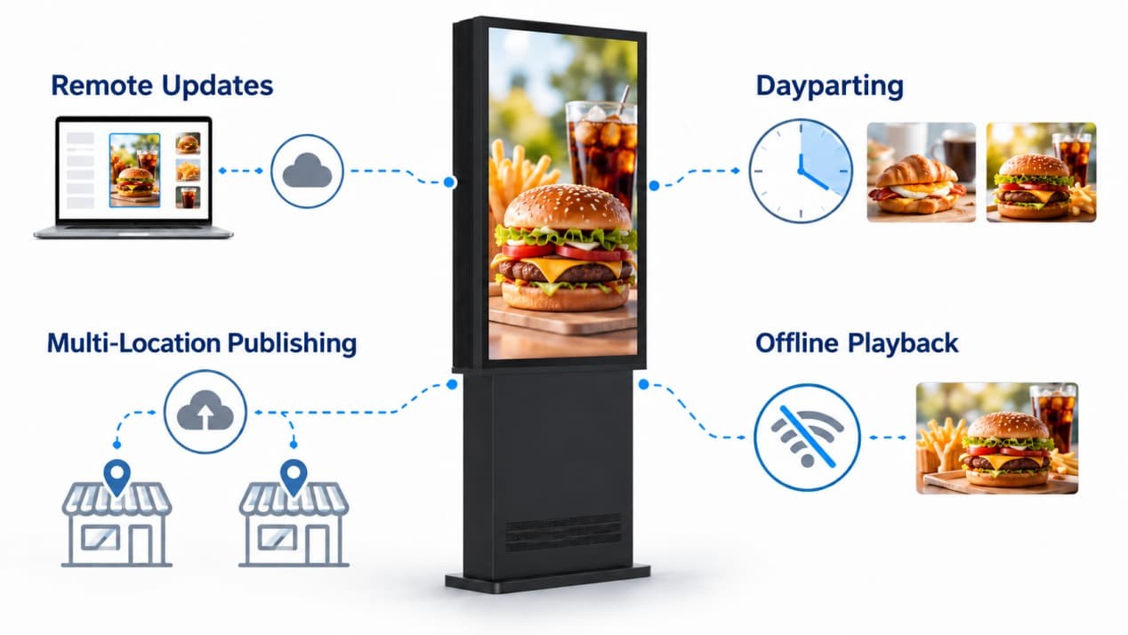 All-in-one outdoor menu board with remote updates, dayparting, multi-location publishing, and offline playback