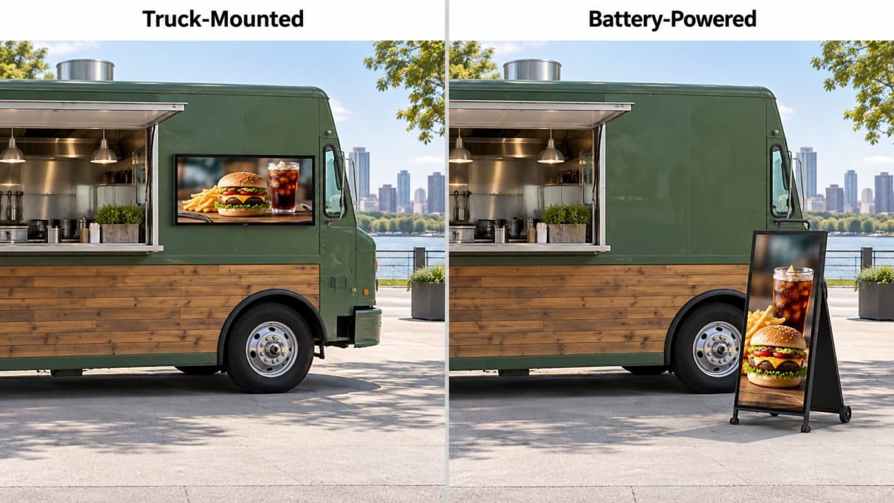 Truck-mounted landscape menu screen compared with a portable portrait menu board beside the same food truck