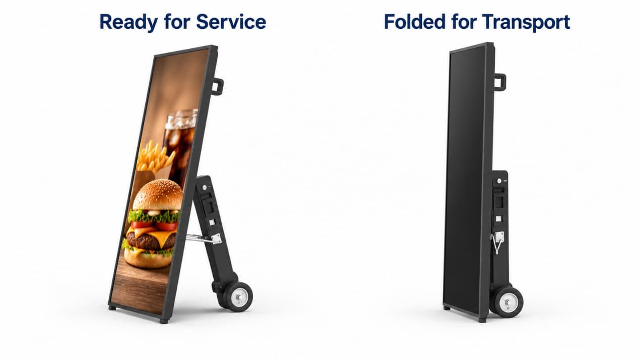 Portable digital menu board with its rear support deployed for service and folded inward for transport