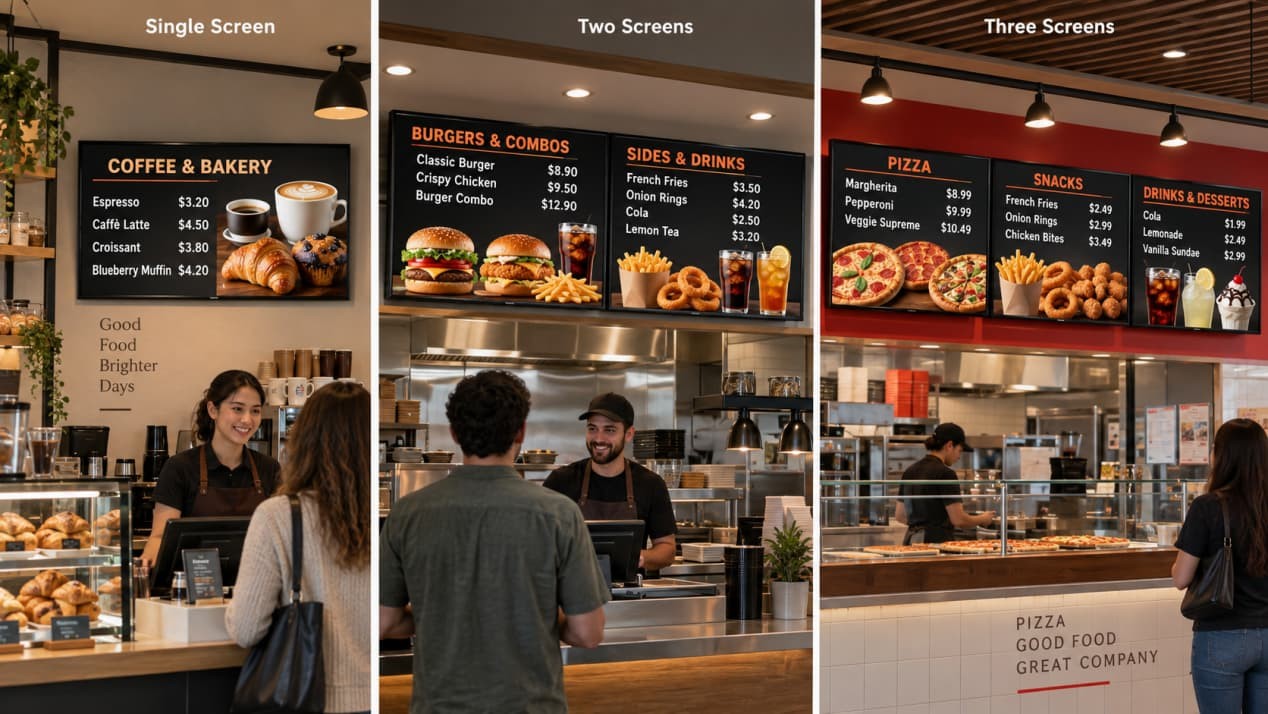 Café and restaurant counters using one, two, and three digital menu screens with food names and prices.