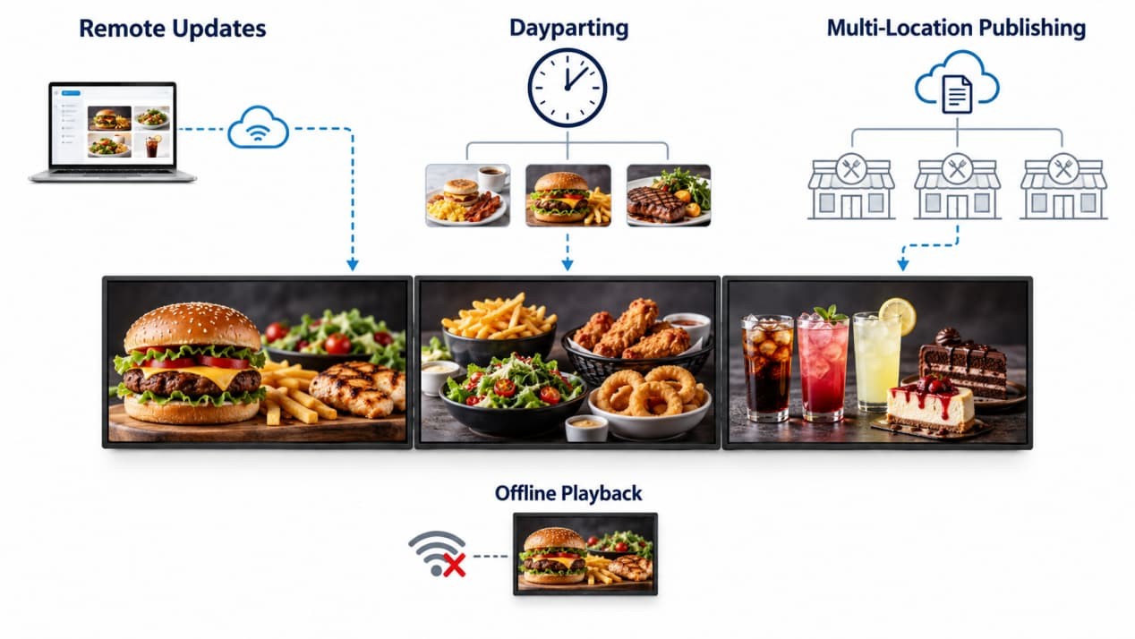 Restaurant menu screens with remote updates, daypart scheduling, multi-location publishing, and offline playback.