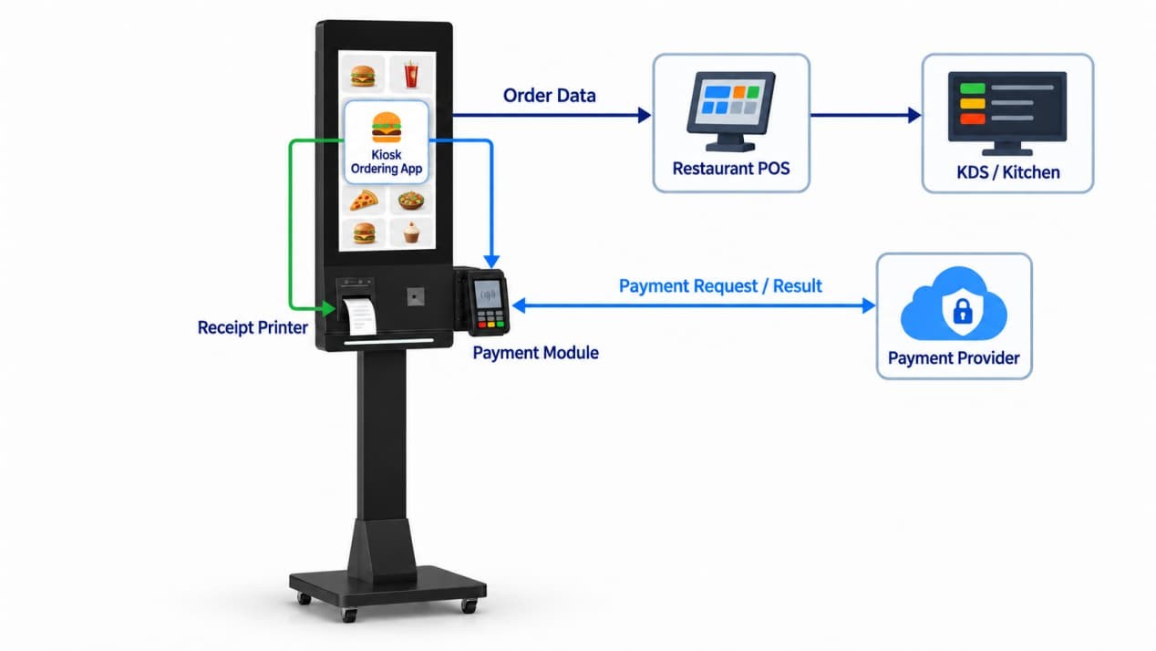 RUS-LCD-ISK27 kiosk connected to a restaurant POS, payment provider, receipt printer and kitchen display.