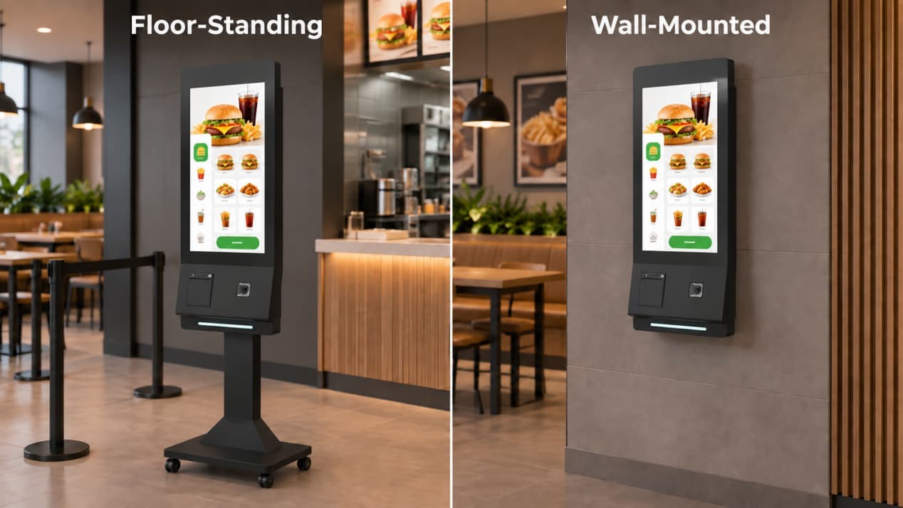 Floor-standing and wall-mounted restaurant self-ordering kiosks shown in two alternative installation layouts.