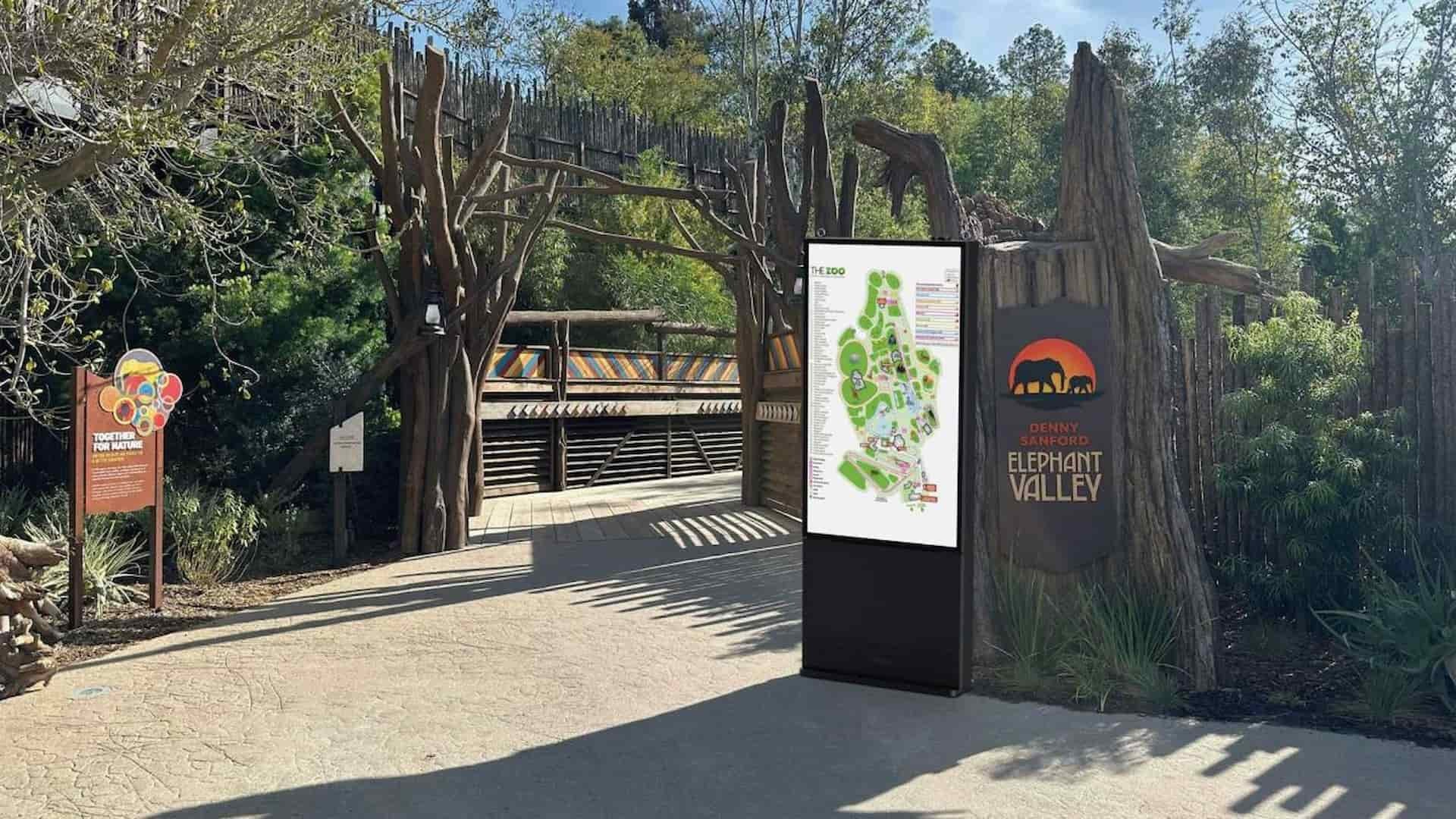 Freestanding outdoor digital kiosk used for visitor wayfinding and navigation in Elephant Valley