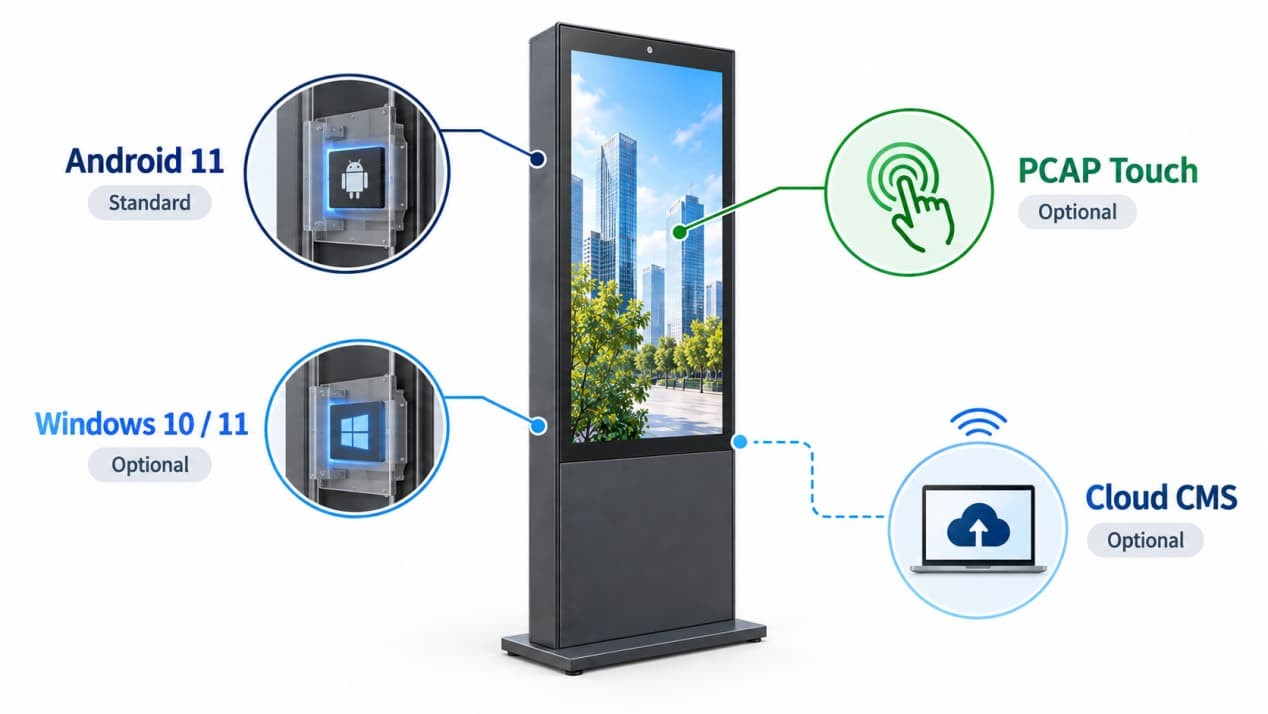 Outdoor digital kiosk diagram showing Android, Windows, PCAP touch, and cloud CMS configuration options.