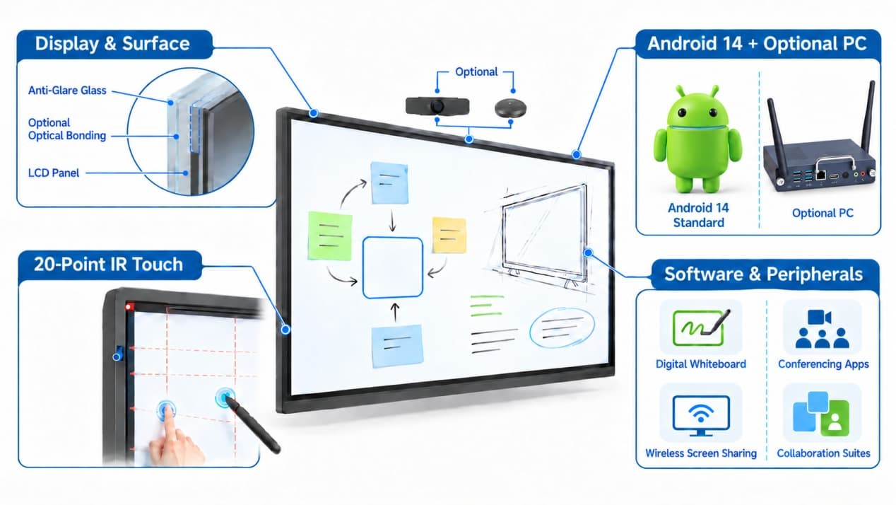 One interactive flat panel with callouts for screen construction, infrared touch, Android, PC and software.