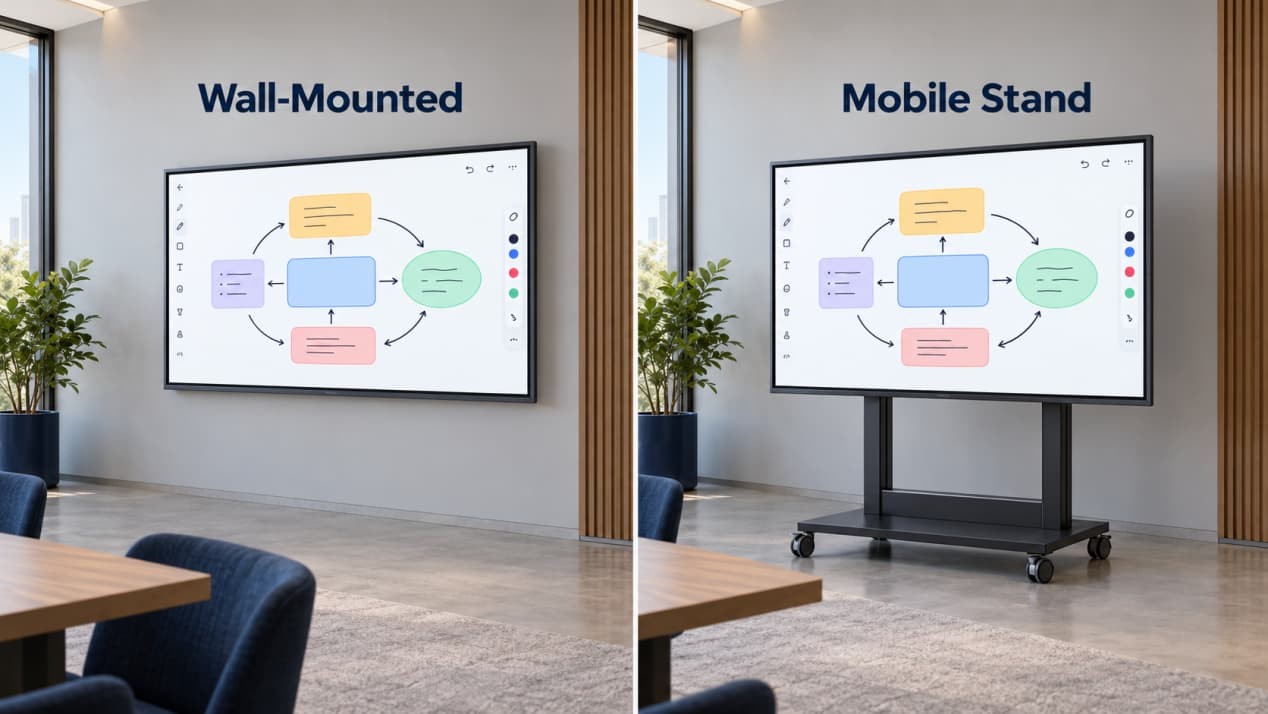 The same interactive flat panel shown wall-mounted and installed on a lockable mobile meeting-room stand.