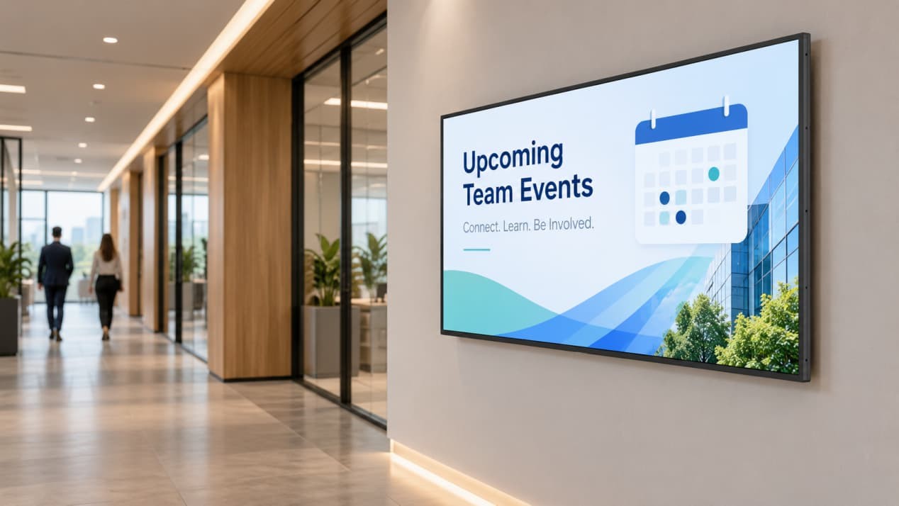 Slim wall-mounted digital signage installed along a modern corporate office corridor.