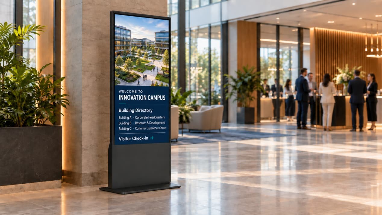 Freestanding corporate digital signage showing an innovation campus building directory in a modern office lobby.
