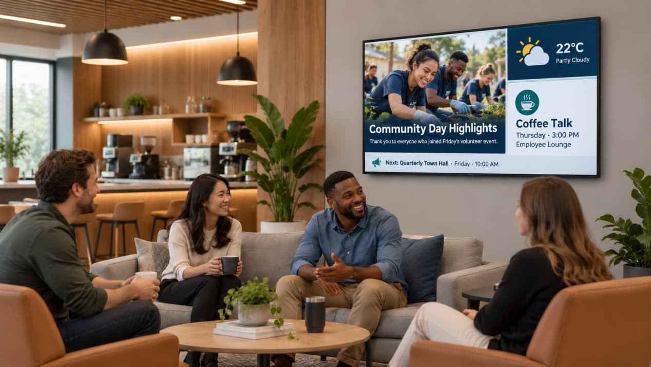 Employees talking in a modern office lounge beneath a wall-mounted digital signage display showing workplace events, weather and company updates.