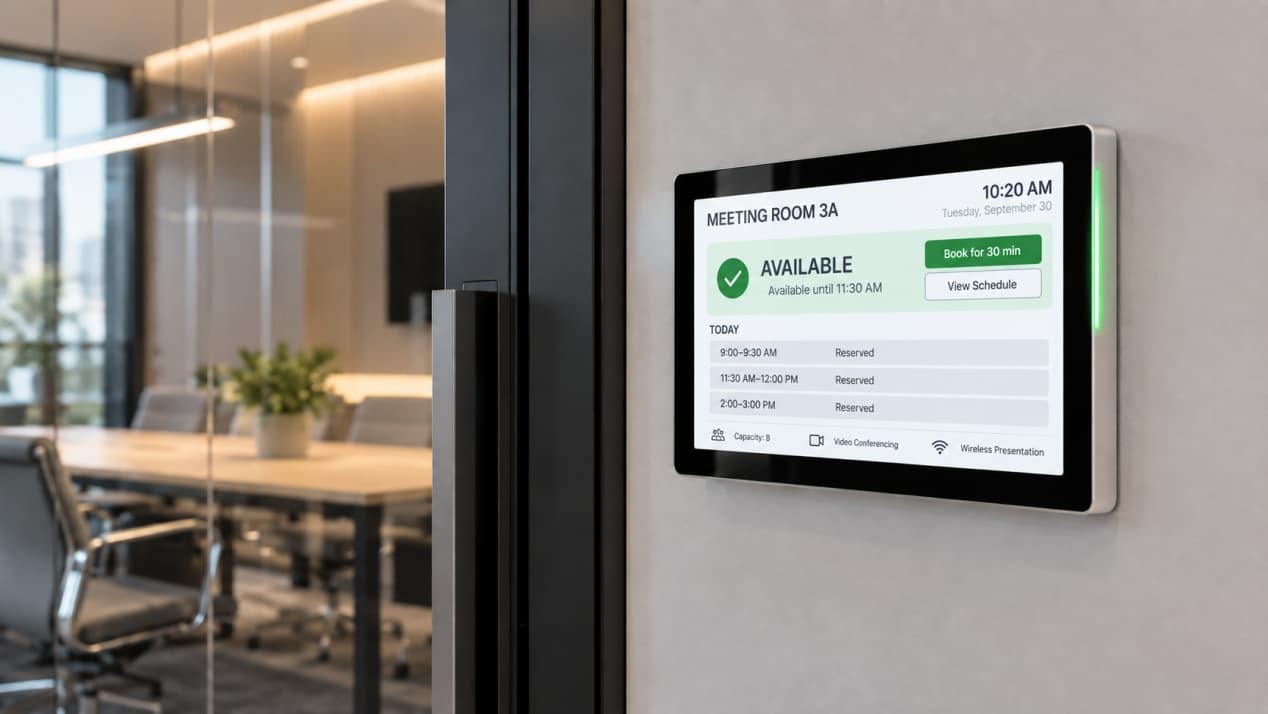 PoE meeting-room scheduling display showing room availability, booking times and equipment beside a glass office door.