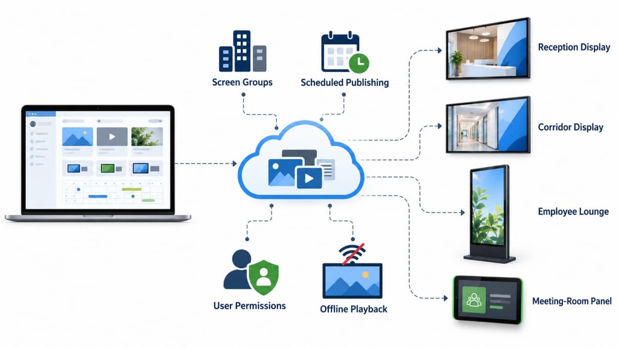 Centralized CMS managing reception, corridor, employee lounge and meeting-room digital signage displays.
