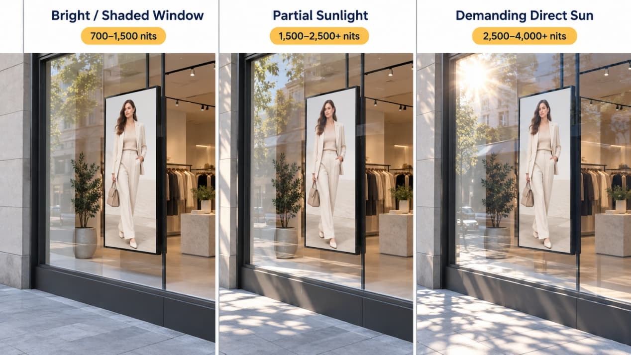 Three window-facing retail displays shown under shaded, partial-sun and direct-sun storefront conditions.