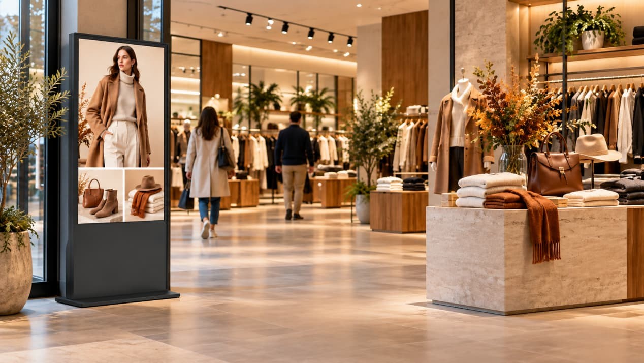 Fixed freestanding digital display positioned beside a clear customer route at a modern retail entrance.