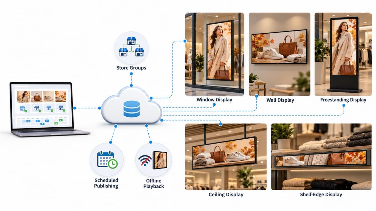 Cloud CMS distributing adapted campaign content to five retail digital display formats.
