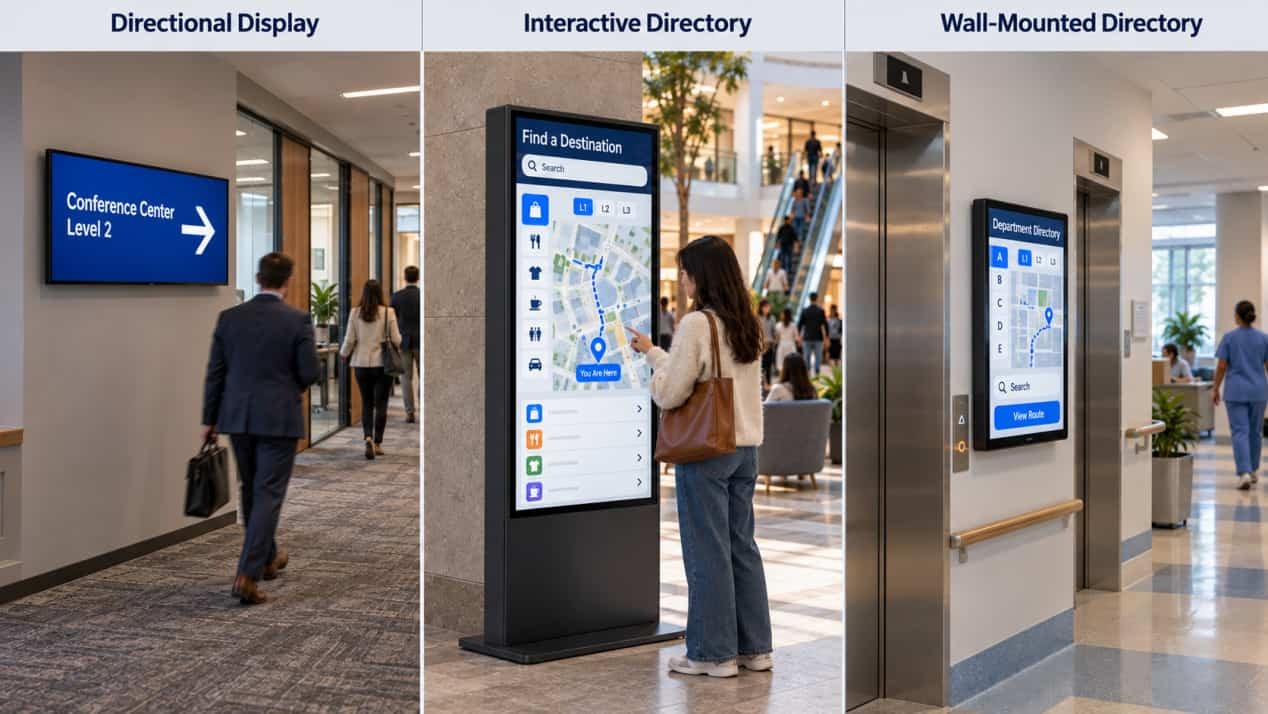 Office directional screen, interactive mall directory and wall-mounted hospital wayfinding display.
