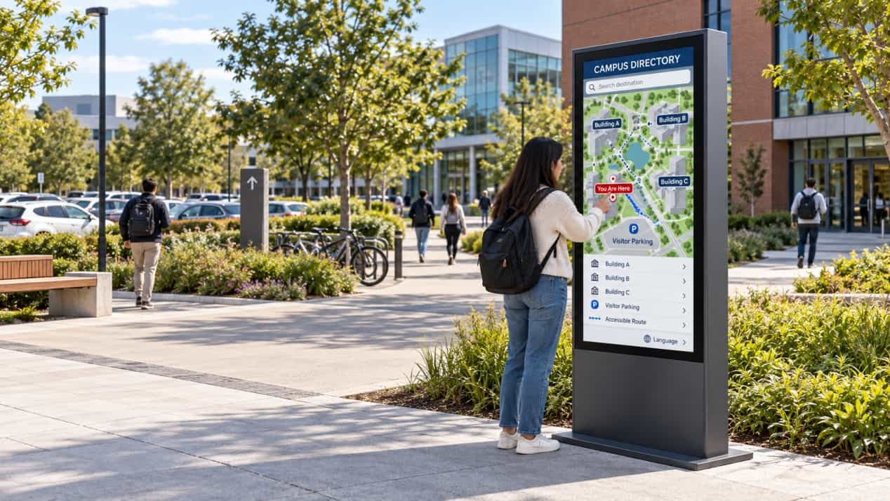 Outdoor digital wayfinding kiosk beside a campus walkway showing buildings, visitor parking and a highlighted route.