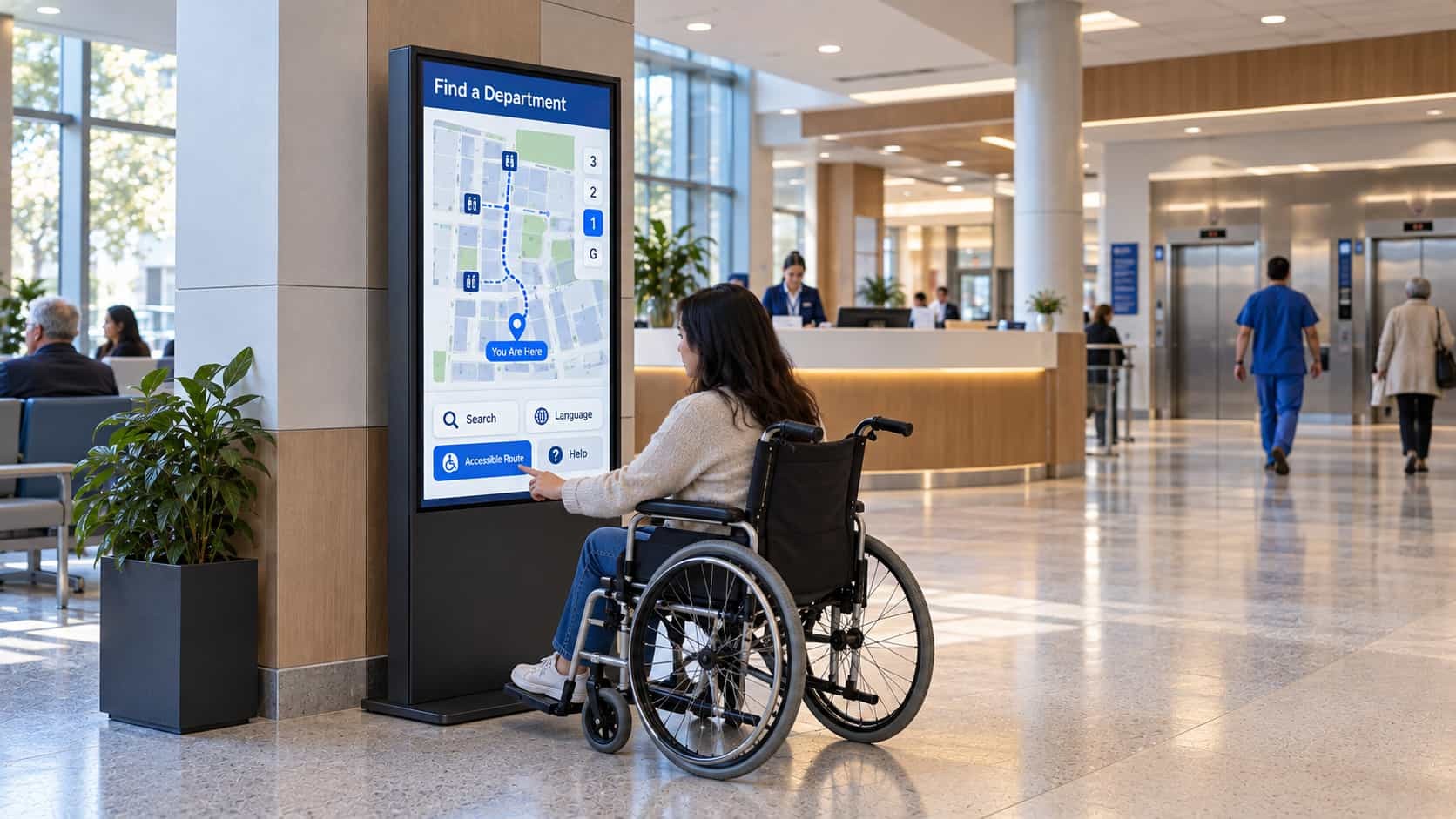 Wheelchair user operating accessible controls on a digital wayfinding kiosk in a hospital lobby.