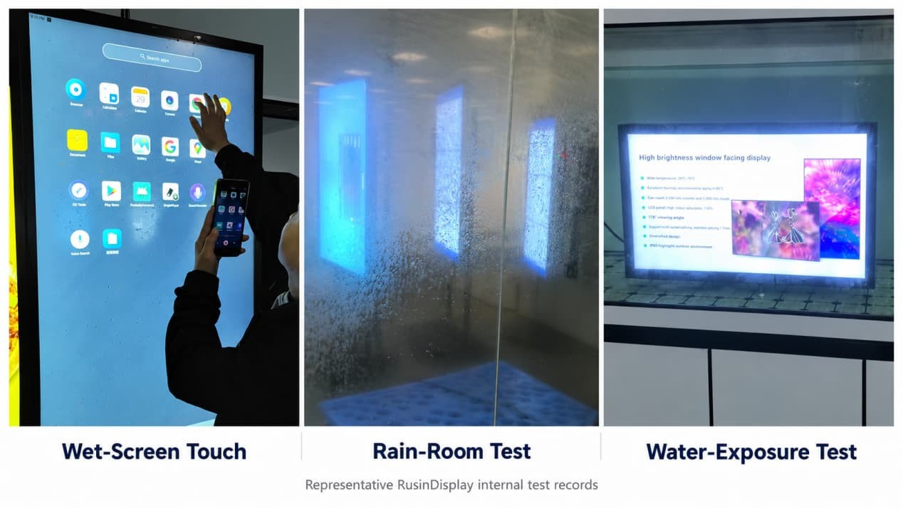 Real test frames showing wet-screen touch operation, rain-room exposure and water testing of outdoor kiosk units.