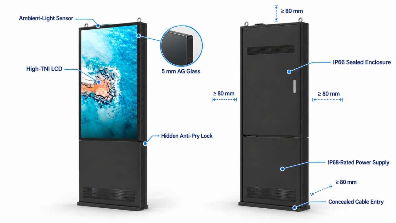 Outdoor touchscreen kiosk diagram showing High-TNI LCD, AG glass, sealed enclosure, secure access and installation clearance.