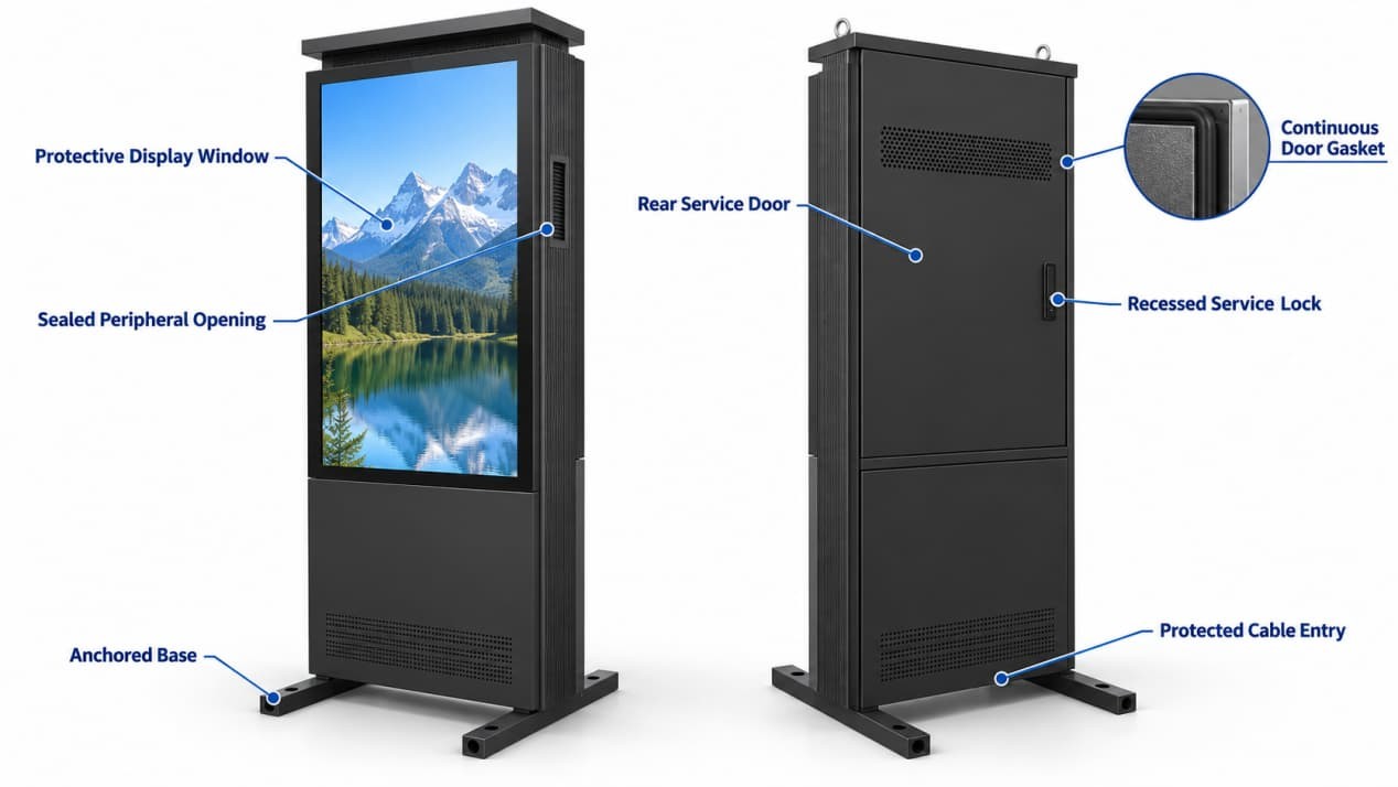 Front and rear views of an outdoor kiosk showing its glass, gasket, lock, cable entry and base.
