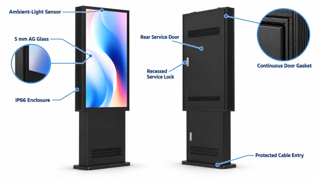 Front and rear views of a drive-thru menu board showing glass, door gasket, lock and cable entry.