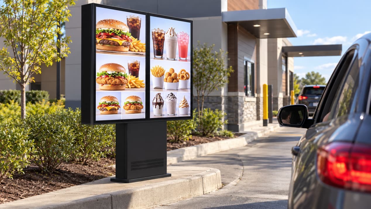 Dual-screen digital menu board installed on a curb island beside an active restaurant drive-thru lane.