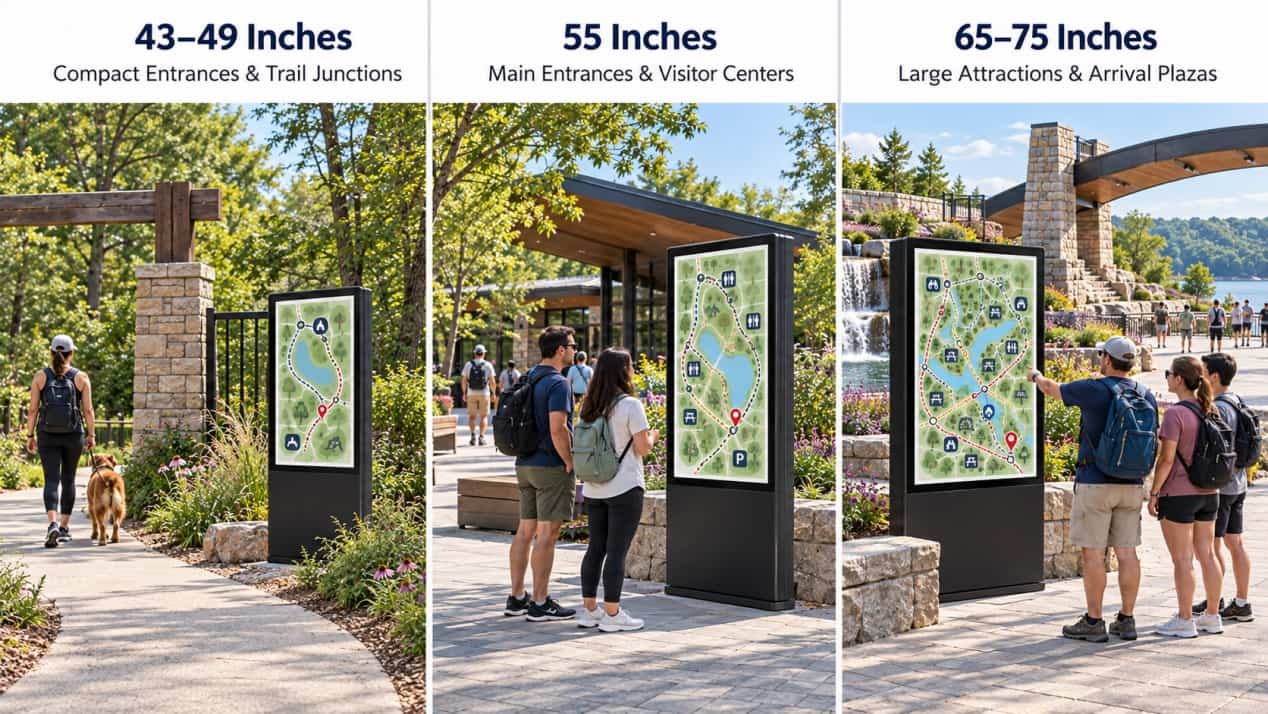 Comparison of outdoor kiosk size groups for trail junctions, park entrances and large attraction plazas.