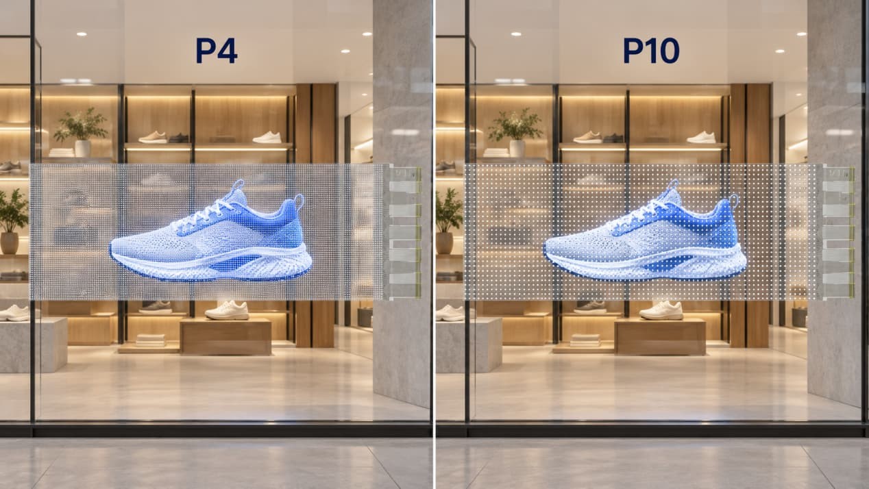 Side-by-side P4 and P10 transparent LED films showing different pixel spacing on identical glass panels.