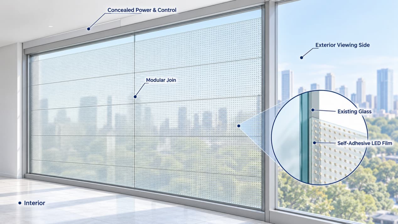 Transparent LED film installed inside glass using joined 1500 × 240 mm horizontal modules.