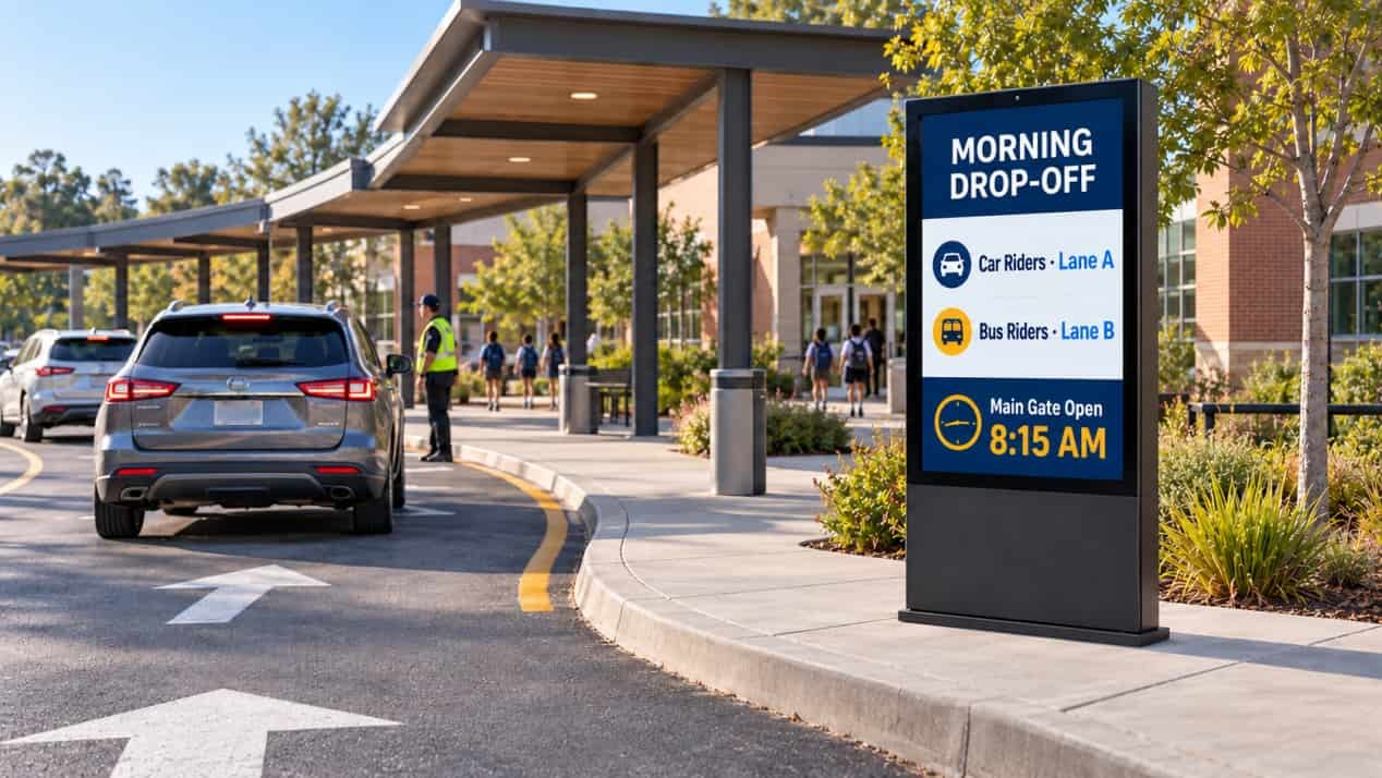 Portrait outdoor digital display beside a school pickup lane showing dismissal and lane information.