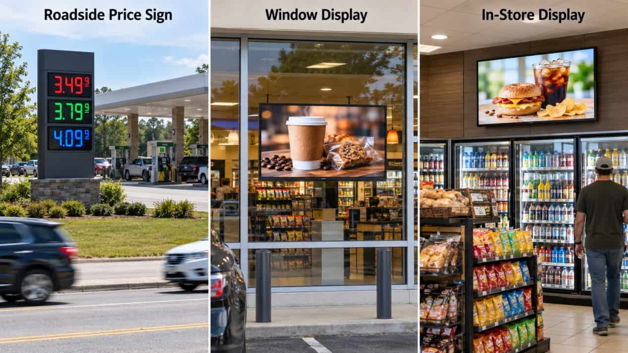 Roadside price sign, window display and in-store digital signage at a gas station