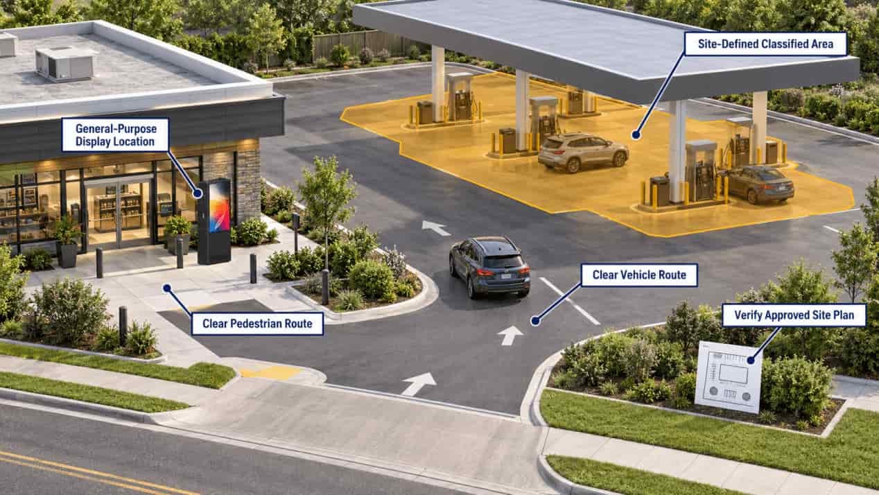 Gas station digital signage positioned outside the site-defined classified area