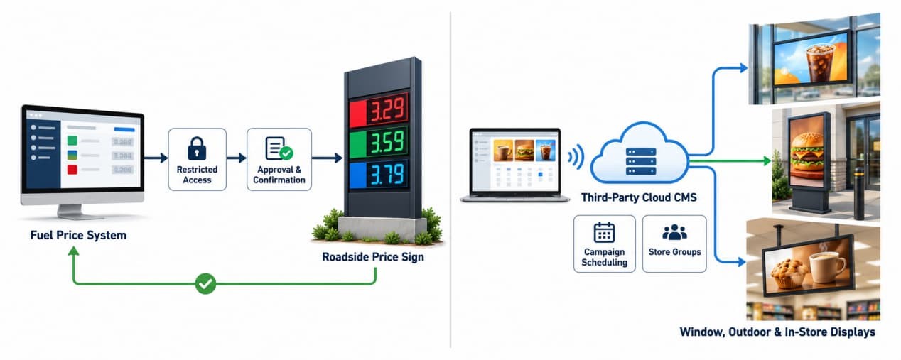 Separate fuel-price and promotional-content workflows for gas station digital signage