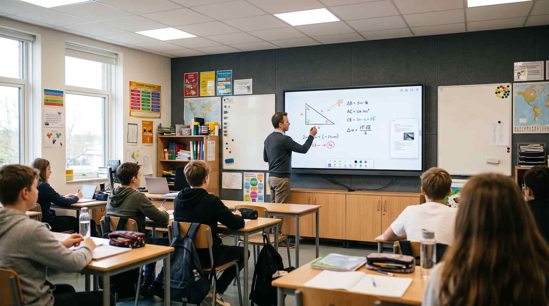 Teacher annotating a wall-mounted RusinDisplay interactive flat panel during a classroom lesson.