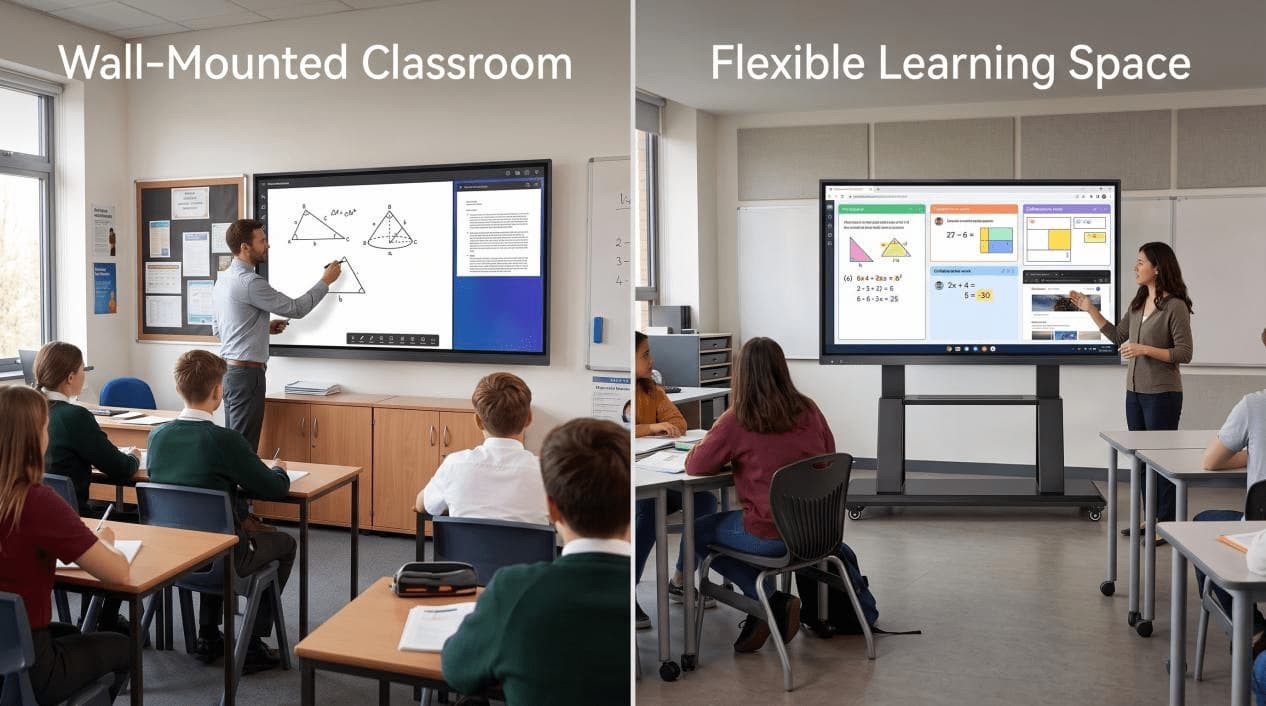 Wall-mounted classroom interactive flat panel compared with the same display on a mobile teaching cart.