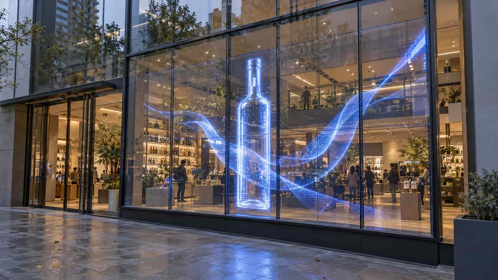 Rigid transparent LED mesh wall displaying graphics inside a glass-fronted commercial atrium.