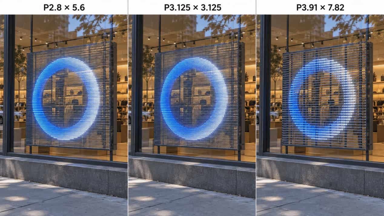 Equal-scale comparison of P2.8 × 5.6, P3.125 and P3.91 × 7.82 rigid LED mesh modules.