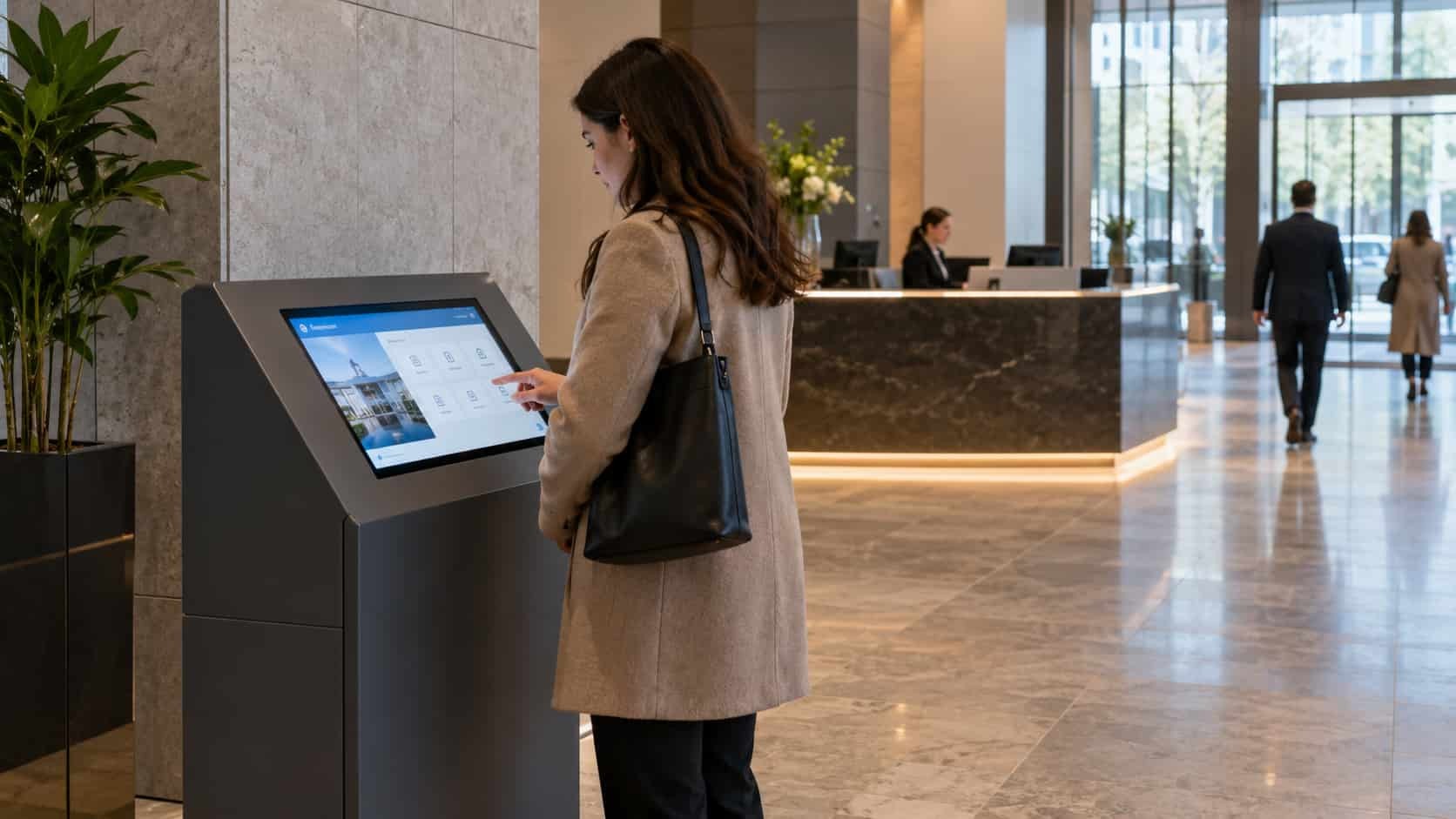 A landscape open frame touchscreen integrated into a metal self-service terminal in a commercial lobby.
