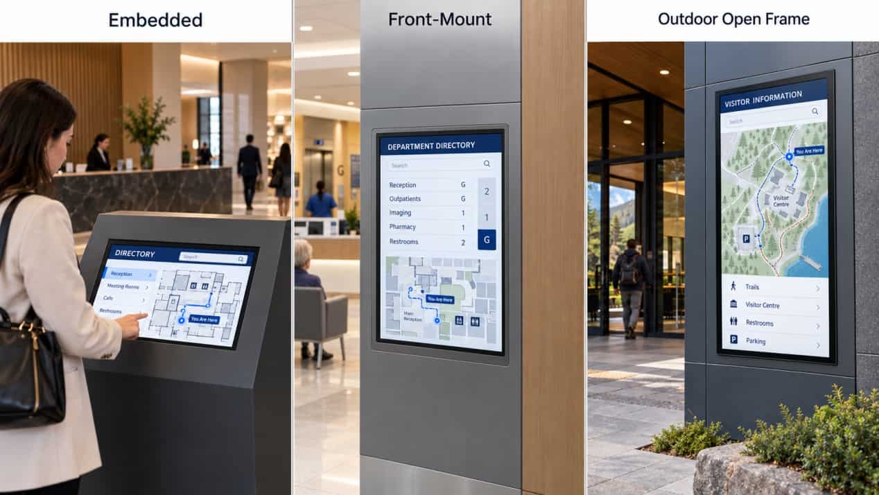 Embedded, front-mount and outdoor open frame displays integrated into a lobby terminal, indoor directory panel and visitor information wall.