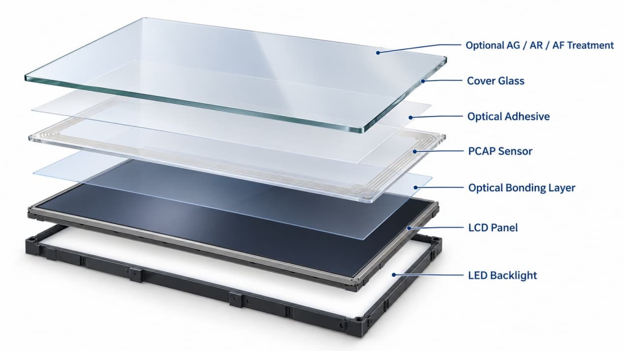 Exploded view of a PCAP LCD touchscreen showing cover glass, adhesive, touch sensor, LCD panel and LED backlight.