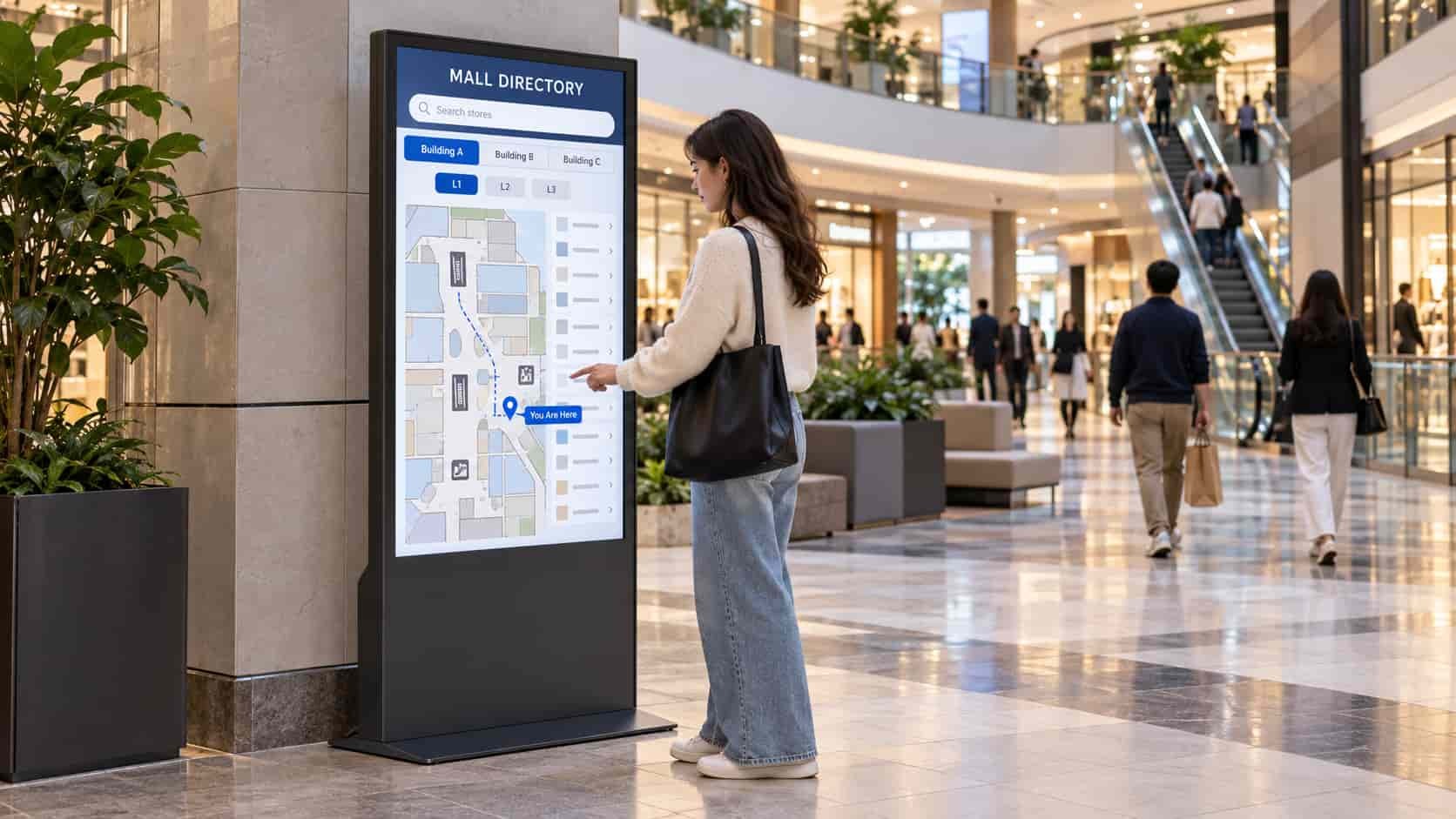 A shopper uses a freestanding mall directory showing building selectors, floor options and a store map.