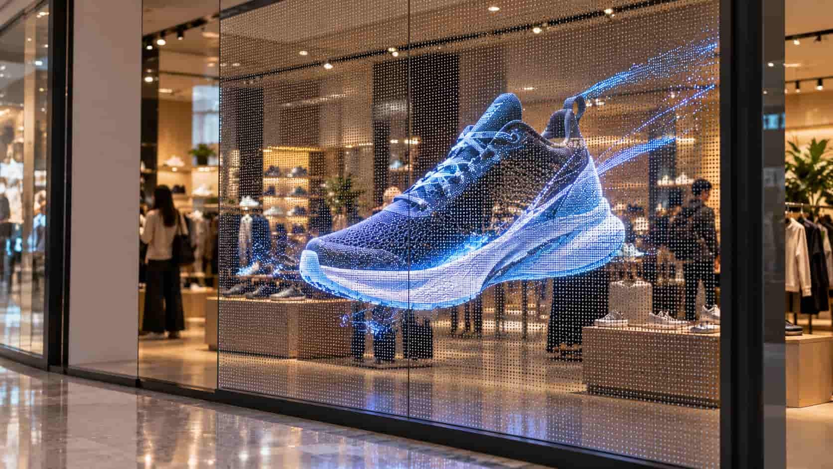 Holographic LED screen inside a retail window showing a shoe graphic with the store visible behind it.